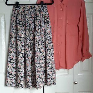 Talbots Petites Navy Blue Floral Full Pleated Cotton Midi / Maxi Skirt Size 4P